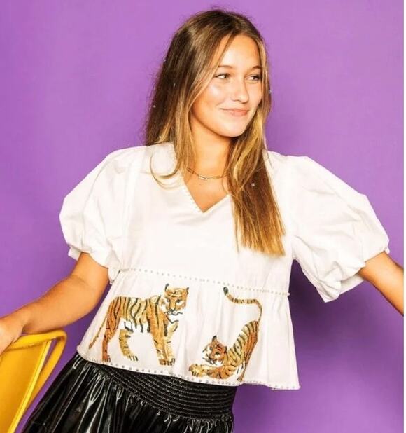 QUEEN OF SPARKLES Tops - Queen of Sparkles White Sequin Tiger Blouse Peplum Babydoll Top Pearls, Large